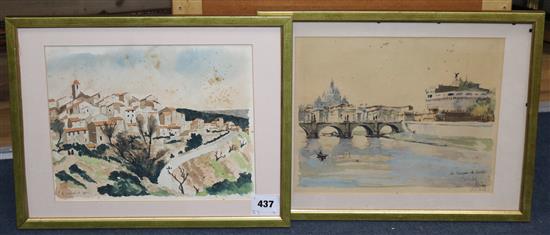 Attributed to Andre Dunoyer de Segonzac, watercolour Hilltop town, and a print (2) 22 x 28cm.